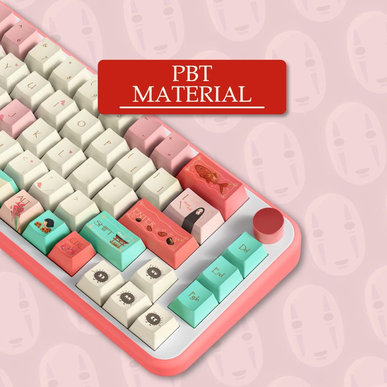 May include: A mechanical keyboard with a pink and white color scheme. The keycaps feature custom designs and illustrations. The keyboard has a red accent and the text "PBT MATERIAL" is displayed on a red rectangle.