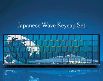 Japanese Waves Scenery Keycap Set | PBT Keycaps | Blue Nature Theme Keycap Set | 129 PCS Complete Set