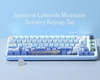 Japanische Lakeside Berglandschaft Keycap Set | PBT Tastenkappen | Hellblaues und grünes Natur-Thema | 158 Teile Komplettes Set