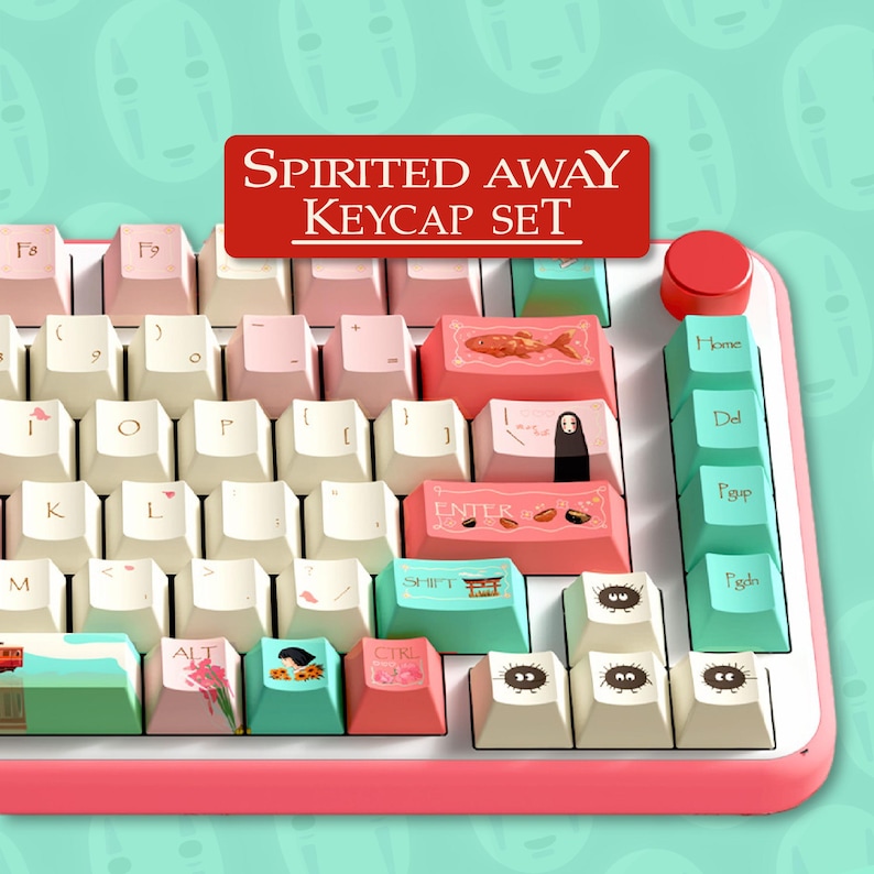 May include: A custom keyboard with a pink frame and a variety of keycaps. The keycaps feature illustrations and text from the movie "Spirited Away." The top of the keyboard has a red keycap and the text "Spirited Away Keycap Set."