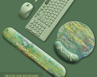 Monet Inspired Water Lilies Mouse Pad Desk Set - Ergonomic Mouse Pad & Keyboard Wrist Rest | Famous Art Lover Gift | Artist Studio Decor