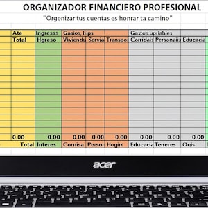 May include: A silver Acer laptop showing a financial organizer spreadsheet. The spreadsheet has columns for income, expenses, and totals, with text in Spanish. The screen shows a grid with various coloured sections.
