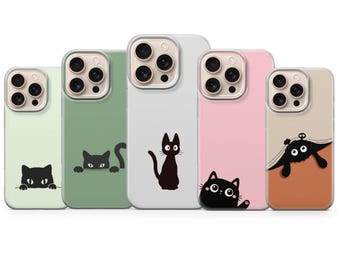 Funda de teléfono con diseño de gato negro, diseño kawaii, para iPhone 17 Pro Max, 16e, 15, 14, 12, Samsung S25 Ultra, S24 FE, A56, Pixel 10 XL, 9a, 8, 7, 6