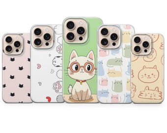 Funda de teléfono con diseño de gato kawaii para iPhone 17 Pro Max, 16e, 15, 14, 12, Samsung S25 Ultra, S24 FE, A56, Pixel 10 XL, 9a, 8, 7, 6