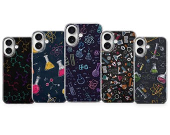 Funda de teléfono con temática científica, diseño de garabatos de química para iPhone 17 Pro Max, 16e, 15, 14, 12 y Samsung S25 Ultra, S24 FE, A56, Pixel 10 XL, 9a, 8