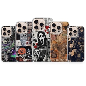 Pode incluir: Cinco capas para smartphone com vários designs temáticos de Halloween, incluindo ilustrações de crânios, abóboras, esqueletos, a personagem Ghost Face e textos como 'Surviving purely out of spite', 'Fright Night' e 'Halloween'.