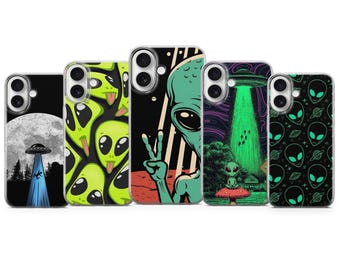 Funda de teléfono extraterrestre con diseño retro de ovnis para iPhone 17 Pro Max, 16e, 15, 14, 12 y Samsung S25 Ultra, S24 FE, A56, Pixel 10 XL, 9a, 8