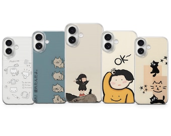 Funda minimalista coreana para teléfono, diseño de doodle para iPhone 17 Pro Max, 16e, 15, 14, 12 y Samsung S26 Ultra, S24 FE, A56, Pixel 10 XL, 9a, 8