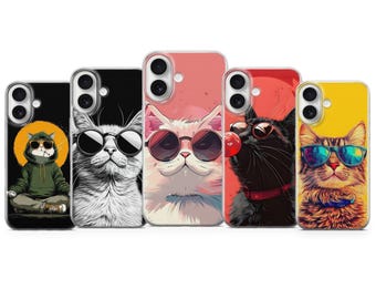Funda de teléfono con diseño de gato divertido y genial para iPhone 17 Pro Max, 16e, 15, 14, 12 y Samsung S25 Ultra, S24 FE, A56, Pixel 10 XL, 9a, 8