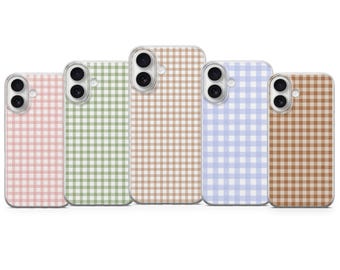 Funda de teléfono con diseño de cuadros vichy bohemios en tonos pastel para iPhone 17 Pro Max, 16e, 15, 14, 12 y Samsung S25 Ultra, S24 FE, A56, Pixel 10 XL, 9a, 8