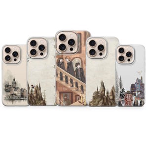 May include: A collection of five phone cases featuring various illustrations. The designs include a cityscape, a castle, and characters on a staircase. The cases are in clear protective covers.