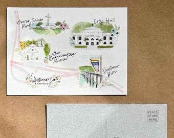 Ventura Postcards Watercolor California Landmarks Pier Mission City Hall Serra Cross Park (4 pack)