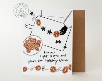 Carte Pour Les Fêtes | Oeuvre d'art originale | Personne fabriquant une guirlande orange | Solstice d'hiver | Matériaux respectueux de l'environnement