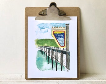 Aquarelle de la jetée de Ventura | Art californien | Monuments de Californie | Art de l'océan