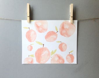 Aquarelle pêche | Art de la cuisine | Art pour chambre d'enfant | Aquarelle de fruits | Cadeau de pendaison de crémaillère