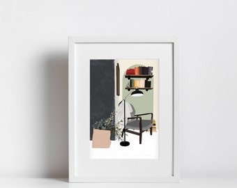 Coin lecture Illustration livres Chaise Sac de plantes et de fleurs Impression | Cadeau de pendaison de crémaillère