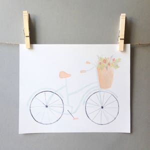 Impresión de bicicleta con cesta de flores en acuarela de menta / Arte infantil / Caprichoso