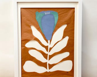 Papier cousu main Tulipe cousue sur du papier de soie | Bleu-vert Orange rouillé Crème | Cousu main | Fleur en papier