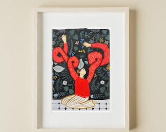 Gouache Communion | femme en prière | Des oeuvres d'art aux couleurs vives | Idée cadeau | Art religieux