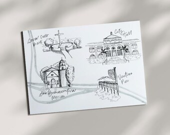 Impression des monuments de Ventura | Stylo dessiné à la main sur papier | Noir et blanc | Architecture californienne | Jetée | Mission | Hôtel de ville | Croix de Serra