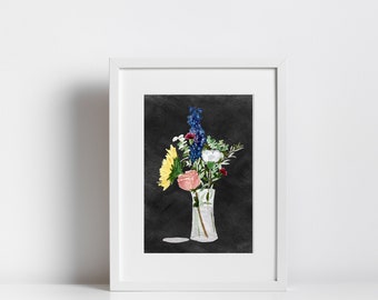Watercolor Flower Bouquet on White Teal Black Green Background Print