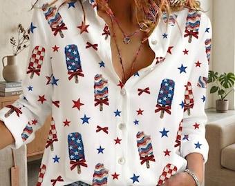 Patriotic Popsicle Women's Blouse, 4th of July Summer Shirt, Red White Blue Graphic Top, Independence Day Holiday Outfit