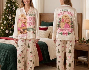 Have A Holly Dolly Pink Christmas Pajamas Set, Country Music Satin Pjs, Western Holiday Sleepwear, Cute Loungewear Gift For Her