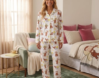 Cartoon Monkey Print Pajama Set, Soft Loungewear Top & Loose Stretchy Bottoms, Cute All-Season Sleepwear Gift
