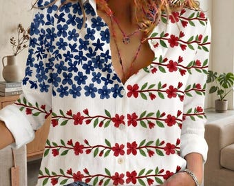 Floral American Flag Women's Shirt, Patriotic 4th of July Top, Independence Day Summer Outfit, Red White Blue USA Graphic Tee