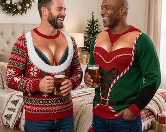 Custom Funny Chest Cleavage Ugly Christmas Sweater, Gag Gift for Men, Novelty Holiday Party Shirt, Adult Humor Xmas Top