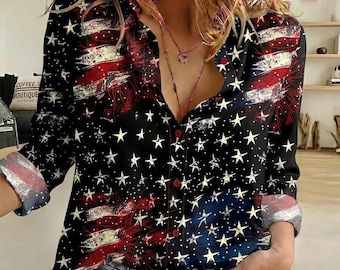 4th of July Women Blouse, USA Flag Firework Shirt, Patriotic Long Sleeve Top, Vintage Independence Day Outfit, American Summer Apparel