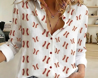 Baseball Seam Button Up Shirt, Women Game Day Blouse, Baseball Mom Gift Top, Sports Fan Apparel, Casual Baseball Outfit