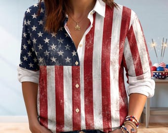 USA Flag Women's Button Up Shirt, Patriotic Casual Blouse, 4th of July Holiday Top, Independence Day Summer Outfit, American Pride Apparel