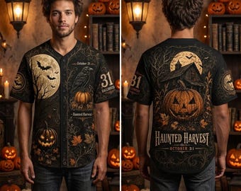 Gothic Halloween Baseball Jersey, Spooky Raven Pumpkin Moon Bat Button Up Shirt, Unisex Black Casual Sports Party Top Outfit
