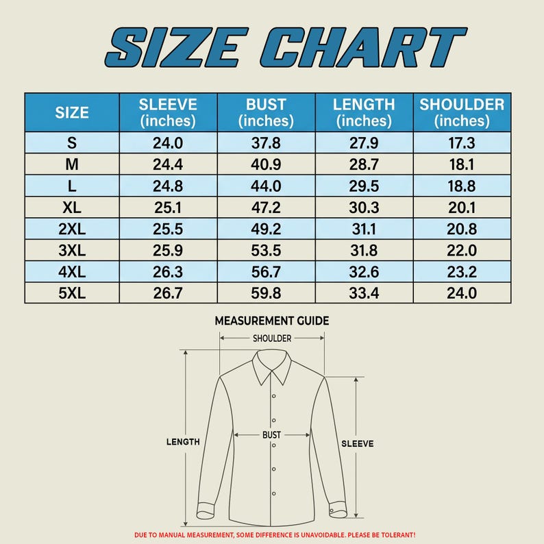 May include: A size chart table with blue headers and white rows, listing measurements in inches for sizes S through 5XL, including sleeve, bust, length, and shoulder. Below is a line drawing of a shirt illustrating how to measure these areas.