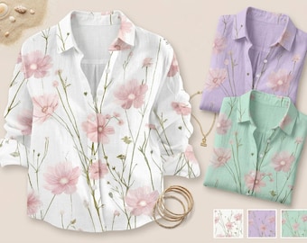 Boho Cottagecore Blouse Shirt, Wildflowers Women Shirt, Vintage Floral Casual Shirt, Botanical Floral Shirt, Gift For Gardener