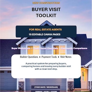 Peut inclure: Un modèle de kit d'outils numériques pour agents immobiliers intitulé New Construction Buyer Visit Toolkit, comprenant 15 pages Canva modifiables, des fiches de travail, des listes de contrôle, des comparaisons et des outils de paiement.