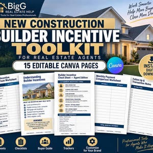 Peut inclure: Un kit d'outils numériques pour agents immobiliers comprenant 15 pages Canva modifiables. Le document inclut une fiche de comparaison des incitations des constructeurs, un guide, une fiche mémo, un comparatif de paiement et des notes.