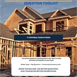 Peut inclure: Un kit d'outils numériques pour agents immobiliers intitulé Builder Rep Question Toolkit, comprenant 17 pages Canva modifiables. Le document contient du texte sur la connaissance du constructeur et l'amélioration des questions posées.