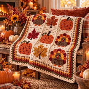 May include: A cream-colored crochet blanket featuring a grid of squares decorated with textured appliques of orange pumpkins, brown turkeys with colorful tail feathers, and red and yellow autumn leaves, finished with a multi-colored border.