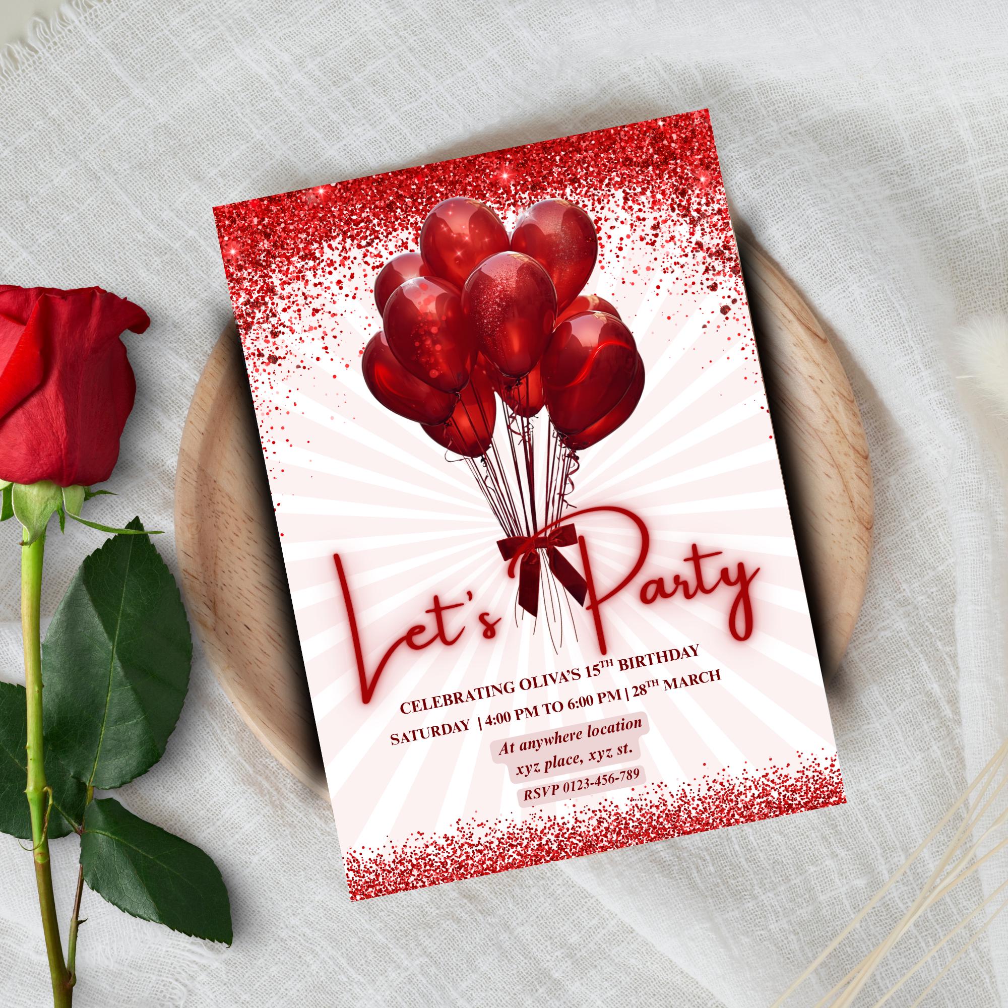 Editable Red & White Birthday Invitation for Women, Printable Red ...