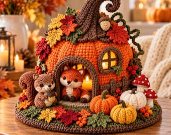 May include: A crochet pumpkin house featuring a brown stem, decorated with colorful autumn leaves, berries, and an acorn. A small crochet squirrel and fox sit near the entrance. Two additional small pumpkins and red-capped mushrooms sit nearby.
