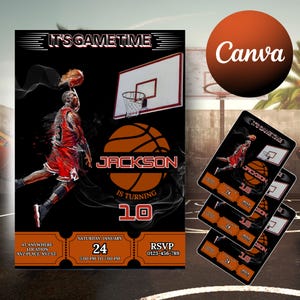 May include: Basketball-themed birthday invitation with a black background. The design features a basketball player, a basketball hoop, and the text "IT'S GAMETIME." The invitation includes the name "Jackson," the age "10," and event details.