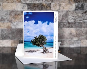 May include: A greeting card featuring a scenic photograph of Eagle Beach, Aruba. The image shows a tree on a white sandy beach with turquoise water and a bright blue sky filled with fluffy white clouds. The card has the word "MGM" and coordinates printed on it.