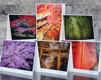 May include: A collection of six square greeting cards featuring Japanese landscape photography. The images showcase vibrant scenes of cherry blossoms, bamboo forests, and autumn foliage. Each card is displayed on a white background.