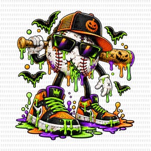 May include: A baseball character wearing a black and orange trucker hat with a pumpkin graphic, sunglasses, and high-top sneakers. The character holds a wooden bat and is covered in dripping neon green and purple slime, surrounded by flying bats.