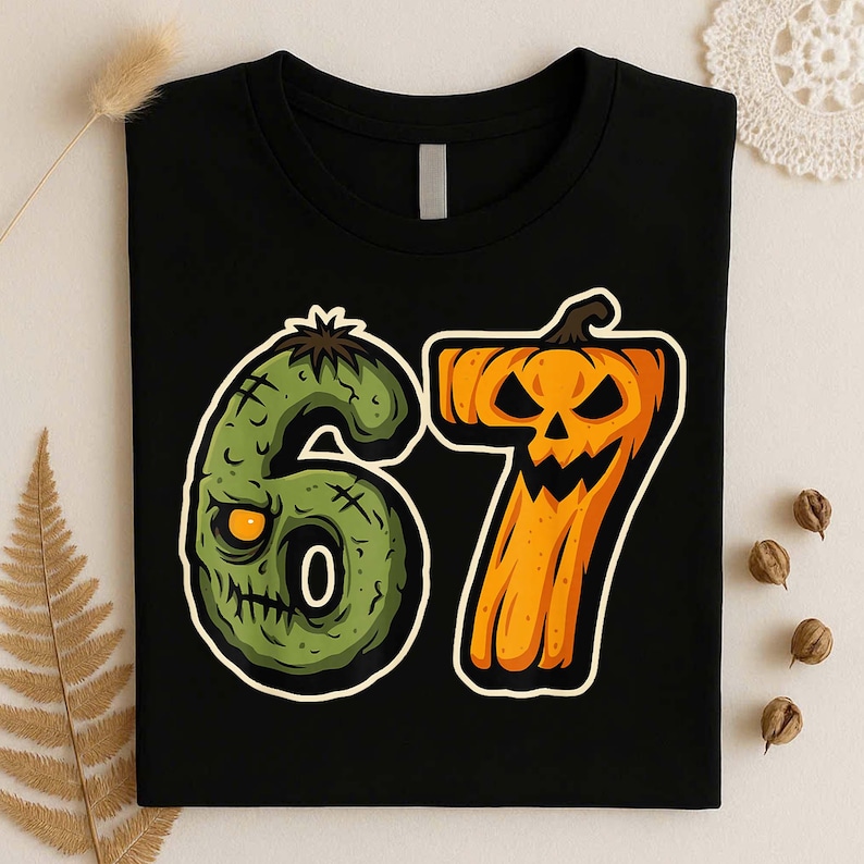 May include: A black t-shirt featuring a graphic of the number 67. The number 6 is designed as a green, textured zombie head with a single glowing yellow eye, while the number 7 is shaped like an orange jack-o'-lantern with a carved face.