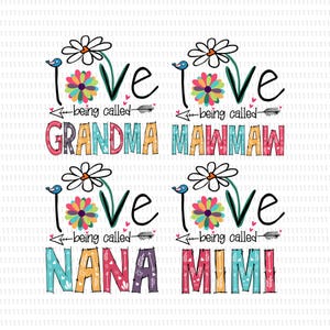 Può includere: Un design grafico colorato con la parola "love", un fiore di margherita e le frasi "being called Grandma, MawMaw, Nana, Mimi". Un regalo per le nonne.