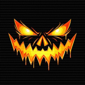 May include: A graphic illustration of a glowing, molten orange and yellow jack-o'-lantern face with sharp, jagged eyes, a triangular nose, and a wide, dripping, serrated mouth set against a dark black background with a subtle vertical pattern.