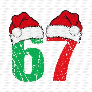 May include: A festive Christmas design featuring the numbers 6 and 7, each adorned with a Santa hat. The number 6 is green, while the number 7 is red. The Santa hats have a red crown, white trim, and a white pom-pom.